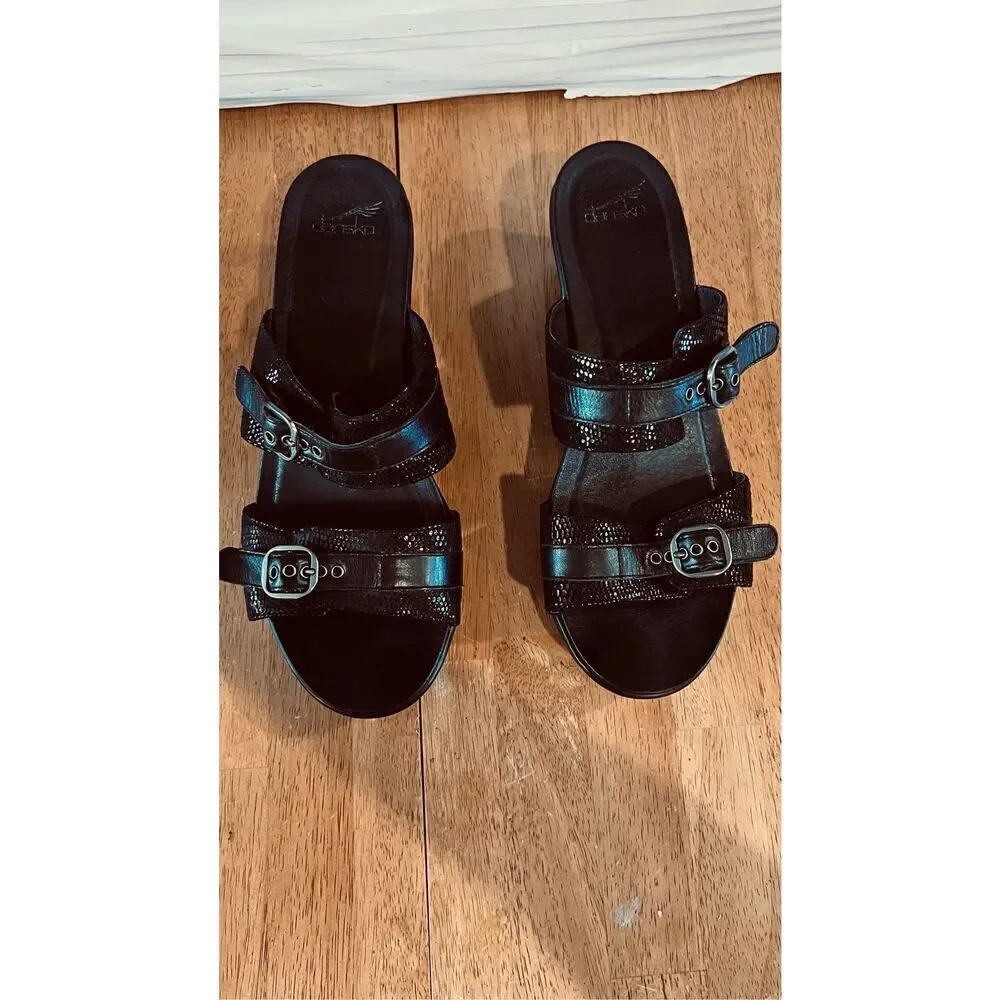 Dansko Jessie Black Leather Lizard Embossed Platform Sandals Clogs SZ 9.5